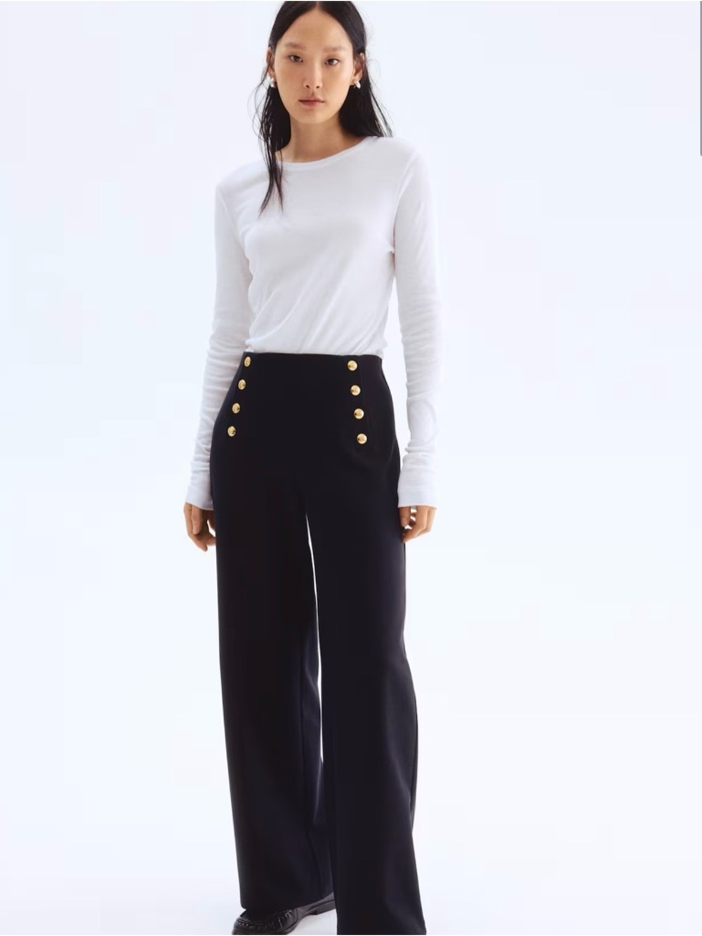 H&M Black High-Waist Wide-Leg Pants with Gold Buttons